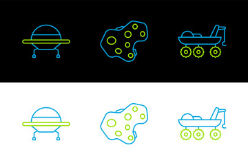 Poster - Set line Mars rover, UFO flying spaceship and Asteroid icon. Vector