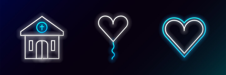 Poster - set line heart, church building and balloon form of heart icon. glowing neon. vector