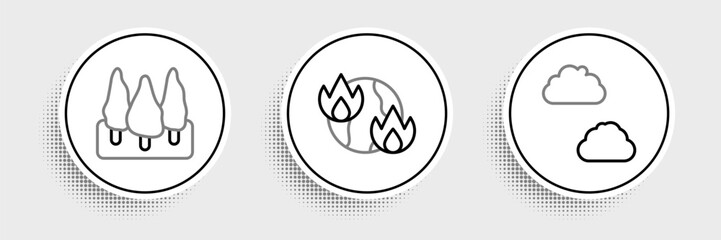 Poster - set line cloud, forest and global warming fire icon. vector