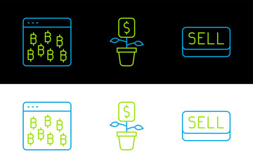 Poster - set line sell button, bitcoin in browser and dollar plant icon. vector