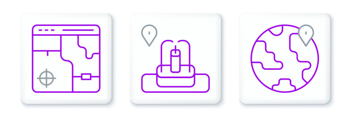 Poster - set line location on the globe, infographic of city map and with fountain icon. vector
