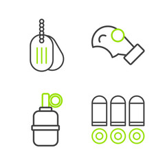 Poster - Set line Bullet, Hand grenade, Gas mask and Military dog tag icon. Vector