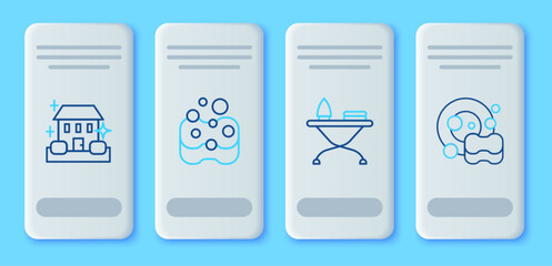 Poster - Set line Sponge, Iron and ironing board, Home cleaning service and Washing dishes icon. Vector