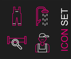Poster - Set line Plumber, Industry metallic pipe, Shower and Work overalls icon. Vector