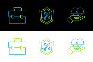 Poster - set line life insurance in hand, briefcase and plane with shield icon. vector
