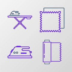 Poster - Set line Textile fabric roll, Electric iron, and and ironing board icon. Vector