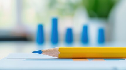 Poster - Yellow Pencil Poised Above a Chart with Blue Data Indicators in a Bright Indoor Environment