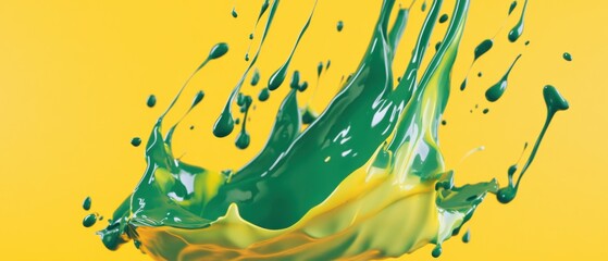 Poster - Dynamic splash of vibrant green and yellow paint against a bright yellow background, creating an abstract liquid art form with fluid motion and vivid color