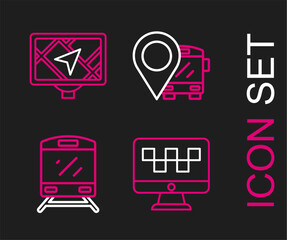 Poster - Set line Computer call taxi service, Train, Location with bus and Gps device map icon. Vector