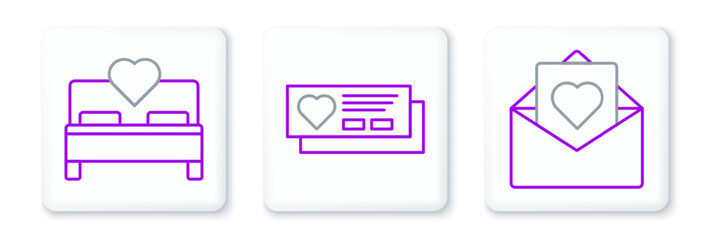 Poster - set line envelope with valentine heart, bedroom and ticket icon. vector