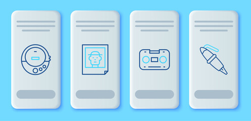 Poster - Set line Photo, Retro audio cassette tape, Music CD player and Fountain pen nib icon. Vector