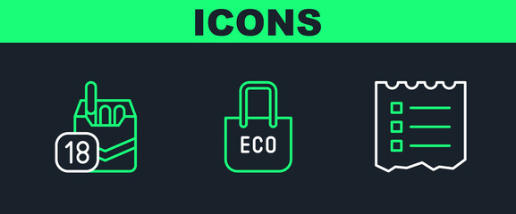 Poster - set line shopping list, cigarettes pack box and bag with recycle icon. vector