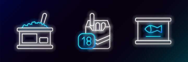 Poster - set line canned fish, tin can with caviar and cigarettes pack box icon. glowing neon. vector