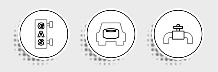 Poster - Set line Metallic pipes and valve, Gas filling station and Spare wheel the car icon. Vector