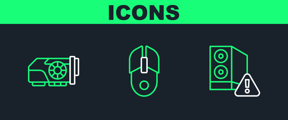 Poster - Set line Case of computer, Video graphic card and Computer mouse icon. Vector