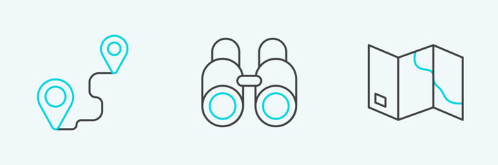 Poster - Set line Folded map, Route location and Binoculars icon. Vector