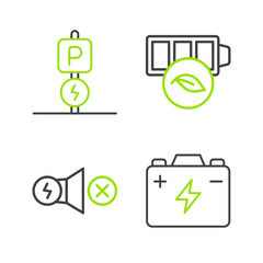 Poster - Set line Car battery, Electric motor, Eco nature leaf and Charging parking electric car icon. Vector