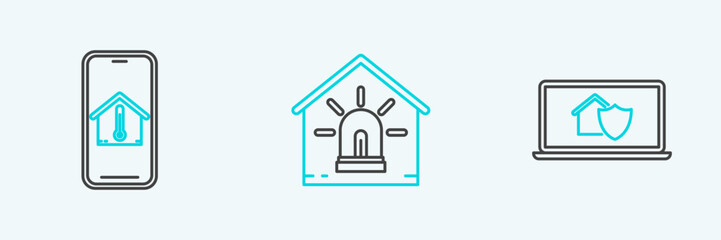 Poster - Set line Laptop with house under protection, Mobile phone temperature and Smart and alarm icon. Vector