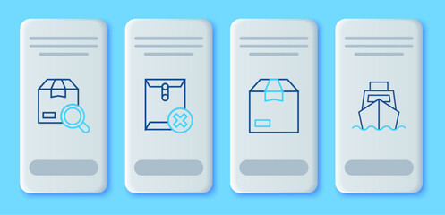 Poster - set line delete envelope, carton cardboard box, search package and cargo ship with boxes delivery ic