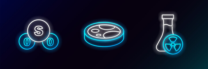 Poster - Set line Test tube with toxic liquid, Sulfur dioxide SO2 and Petri dish bacteria icon. Glowing neon. Vector
