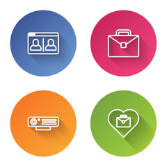 Poster - Set line Video chat conference, Briefcase, Web camera and Heart with text work. Color circle button. Vector