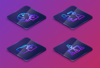 Poster - Set Isometric line Online working, , Project team base and Hierarchy organogram chart. Blue square button. Vector