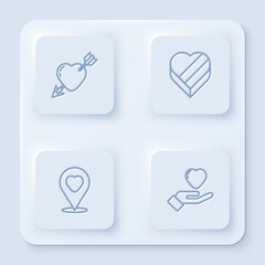 Poster - set line amour with heart and arrow, candy in shaped box, location and heart hand. white square butt
