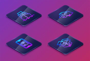 Poster - set isometric line cargo ship with boxes delivery, mobile app tracking, carton cardboard and unboxin