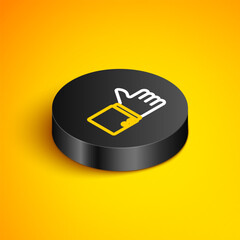 Poster - isometric line hand thumb up icon isolated on yellow background. black circle button. vector