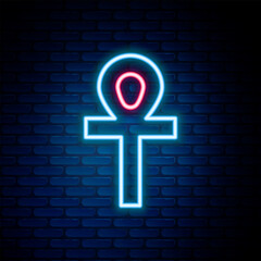 Poster - Glowing neon line Cross ankh icon isolated on brick wall background. Colorful outline concept. Vector