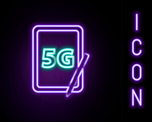 Fototapete - Glowing neon line Graphic tablet with 5G wireless internet wifi icon isolated on black background. Global network high speed connection data rate technology. Colorful outline concept. Vector