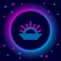 Poster - Glowing neon line Sunset icon isolated on black background. Colorful outline concept. Vector