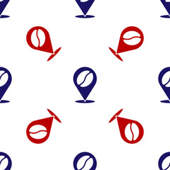 Poster - blue and red location with coffee bean icon isolated seamless pattern on white background. vector