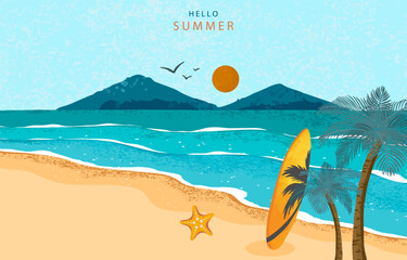 Wall Mural - summer landscape grain texture background with beach and palm leaves for horizontal design