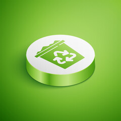 Poster - Isometric Recycle bin with recycle symbol icon isolated on green background. Trash can icon. Garbage bin sign. Recycle basket sign. White circle button. Vector