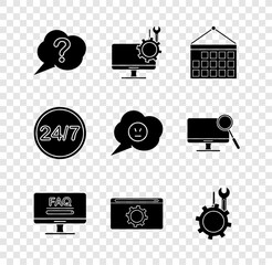 Poster - Set Speech bubble Question, Computer monitor service, Calendar, Monitor with FAQ information, Setting, Wrench and screwdriver gear, Clock 24 hours and angry smile icon. Vector