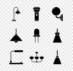 Poster - Set Floor lamp, Flashlight, Wall sconce, Table, Chandelier, Lamp hanging and Light emitting diode icon. Vector