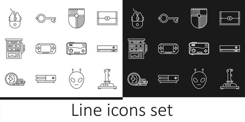 Poster - Set line Joystick for arcade machine, Video game console, Shield, Portable video, Slot, Computer mouse gaming, Mobile and playing and Ancient key icon. Vector