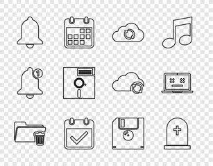 Poster - set line delete folder, tombstone with cross, cloud sync refresh, calendar check mark, ringing bell,