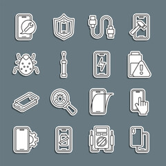 Poster - Set line Smartphone, Phone repair service, battery charge, USB cable cord, Screwdriver, System bug, Mobile and charging icon. Vector