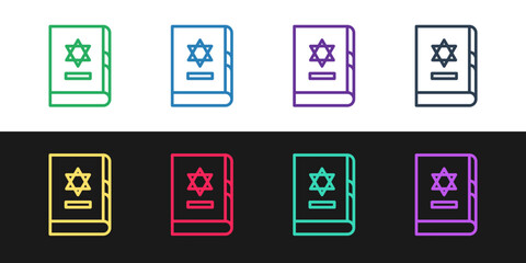 Poster - Set line Jewish torah book icon isolated on black and white background. On the cover of the Bible is the image of the Star of David. Vector Illustration