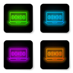 Fototapete - Glowing neon line Clock on laptop screen icon isolated on white background. Schedule concepts. Black square button. Vector