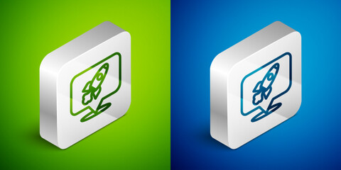 Poster - isometric line rocket ship icon isolated on green and blue background. space travel. silver square b