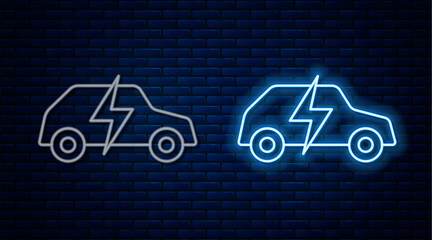 Poster - Glowing neon line Electric car and electrical cable plug charging icon isolated on brick wall background. Renewable eco technologies. Vector