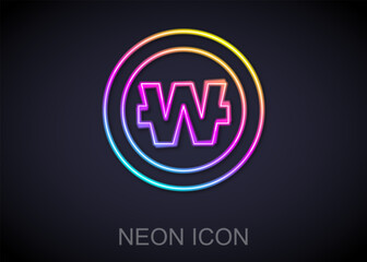 Fototapete - Glowing neon line South Korean won coin icon isolated on black background. South Korea currency business, payment and finance. Vector