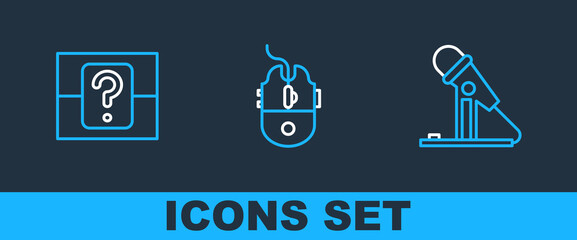 Poster - Set line Microphone, Mystery or random box and Computer mouse gaming icon. Vector