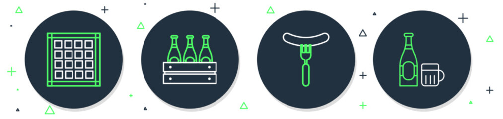 Poster - Set line Pack of beer bottles, Sausage on the fork, Checkered napkin and Beer and glass icon. Vector