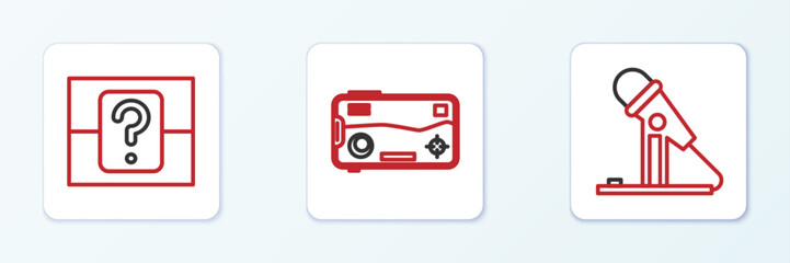 Poster - Set line Microphone, Mystery or random box and Mobile playing in game icon. Vector