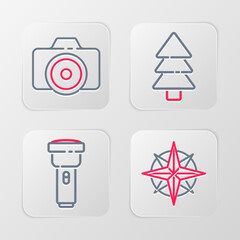Poster - Set line Wind rose, Flashlight, Tree and Photo camera icon. Vector