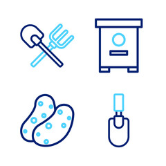 Poster - set line garden trowel spade or shovel, potato, hive for bees and shovel and rake icon. vector
